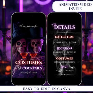 Może przedstawiać: Dwa smartfony wyświetlające animowane zaproszenie wideo na imprezę Halloween. Lewy ekran pokazuje dwa szkielety w kapeluszach trzymające pomarańczowe koktajle z napisem Costumes & Cocktails. Prawy ekran zawiera szczegóły wydarzenia w białym tekście.
