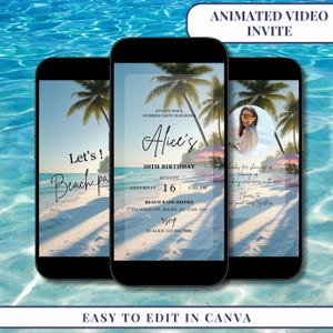 Puede incluir: Tres smartphones que muestran una invitación con temática de playa para el 30 cumpleaños de Alice. El diseño incluye palmeras, arena y vistas al océano. El texto de la invitación dice "Let's! Beach party" y "Easy to edit in Canva."