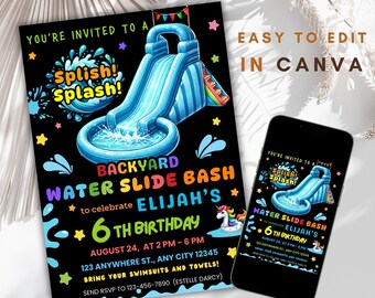 Waterslide birthday invitation, Waterslide party, Pool party invite, Kids Birthday invite, Summer Birthday invite Editable Canva Template