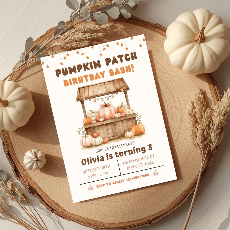 Editable Pumpkin Patch Birthday Invitation for a girl with rustic pumpkins and fall colors, perfect for autumn birthday celebrations.