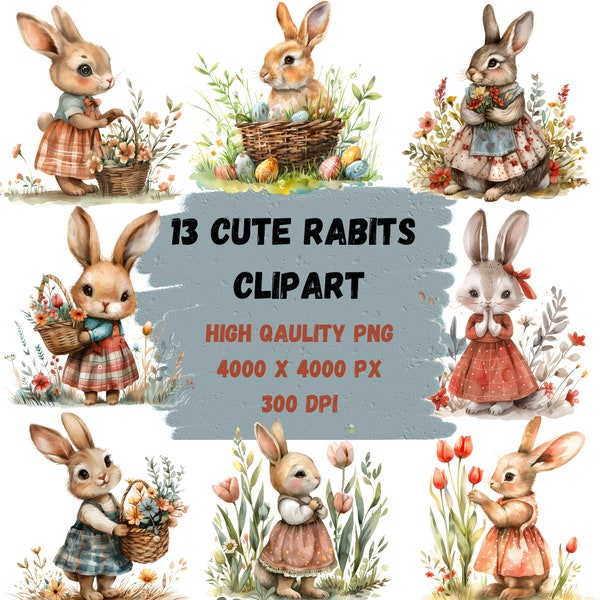 Watercolor Rabbit Clipart, 13 Cute Rabbit PNG, High-Quality, Spring Rabbit, Animal Clipart,Transparent background,Commercial use,Cute Animal