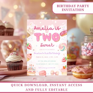 Puede incluir: Una invitación rosa para una fiesta de cumpleaños con el texto "Amelia is TWO Sweet". La invitación incluye ilustraciones de dulces como donas, helados y un pastel. La invitación también incluye la fecha, hora y lugar de la fiesta.