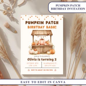 May include: A fall-themed invitation with the text "Pumpkin Patch Birthday Invitation" and "Pumpkin Patch Birhtday Bash!". The invitation features a watercolor illustration of a pumpkin stand and pumpkins. The invitation is for Olivia's 3rd birthday.
