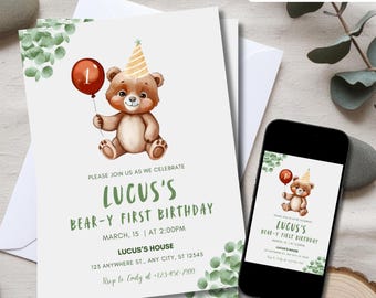 Convite de Aniversário de Um Ano com Tema de Urso Verde, Modelo Editável (PDF)