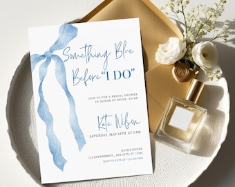 Something Blue Bridal Shower Invitation: Watercolor Ribbon (Editable Template)