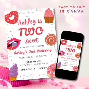 Two Sweet Birthday Invitation 2nd Birthday Girl Invite Sweet Birthday Cards Blush Pink Two Year Dessert Invite Candy Donut Ice Cream Cupcake