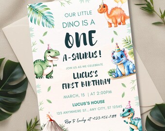 May include: A colorful dinosaur-themed first birthday invitation with green leaves, a volcano, and dinosaurs. The text reads "Our little dino is a one A-saurus! Join us as we celebrate Lucas's First Birthday March, 15 at 2:00pm Lucas's House 123 Anywhere St., Any City, ST 12345 Rsvp to Emily at +123-456-7899"