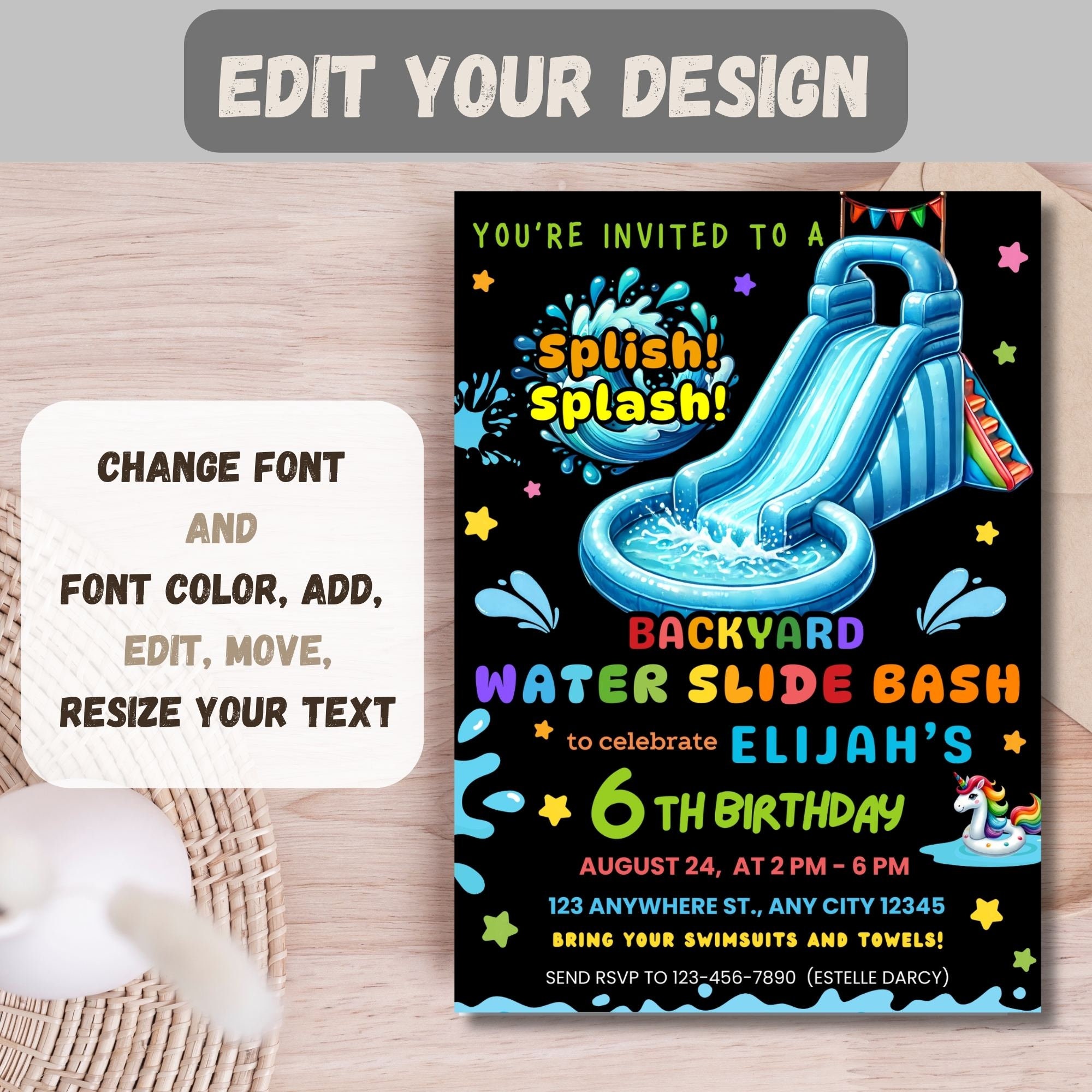 Water Slide Birthday Invitation,Backyard Waterslide Splash Digital Invite Evite, Personalized Splash Party, Water Park DIY EDITABLE TEMPLATE