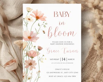 Baby in Bloom Baby Shower Invitation: Floral Baby Shower Invite Editable Girl Spring Summer Garden Wildflowers Baby Shower Canva Template