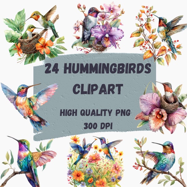 24 watercolor hummingbirds Clipart, High-Quality Images, Bird Clipart,Hummingbird PNG,Wall Art, Junk Journals, Digital Prints,Commercial Use