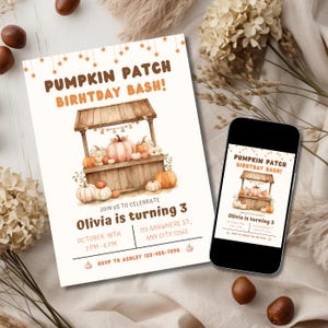 Editable Pumpkin Patch Birthday Invitation for a girl with rustic pumpkins and fall colors, perfect for autumn birthday celebrations.