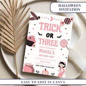 Trick or Three Halloween Birthday Invitation Kids Costume Party Invite Pink Halloween Ghost 3rd Birthday Spooky Third Birthday Girl Invite