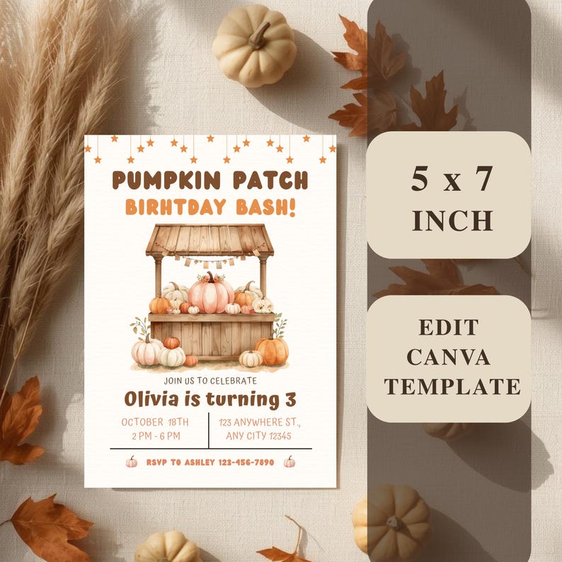 Editable Pumpkin Patch Birthday Invitation for a girl with rustic pumpkins and fall colors, perfect for autumn birthday celebrations.