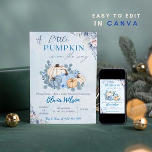 Little Pumpkin Baby Shower Invitation, Little Pumpkin On the way Baby Shower Party Boy Invite, Blue Pumpkin Boy Fall Baby Shower Invitation