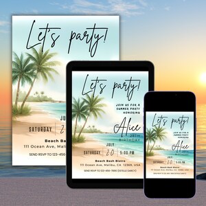 May include: Three digital invitations with a tropical beach theme. The invitations are for a summer party honouring Alice's 29th birthday. The invitations feature a beach scene with palm trees, blue water, and a sandy beach. The text on the invitations reads "Let's party!" and includes the date, time, and location of the party.