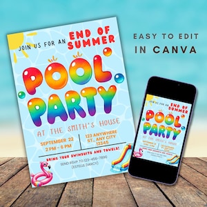End of Summer Party, Pool Party Invite, Back to School Party, Goodbye Summer Hello School, Summer pool party invite Editable Canva Template