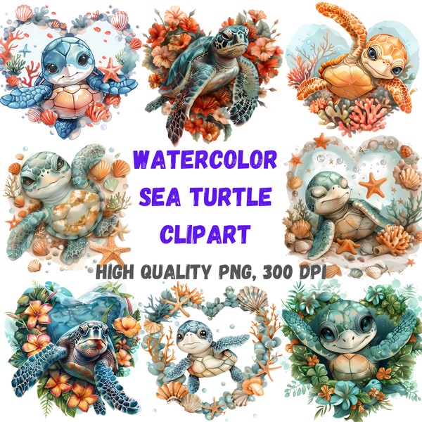 16 Watercolor Sea Turtle Clipart in Heart shape, Summer Clipart, Ocean Clipart, Turtle Sublimation Wall art, Digital Download Commercial Use