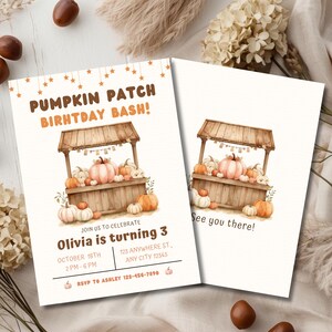 Editable Pumpkin Patch Birthday Invitation for a girl with rustic pumpkins and fall colors, perfect for autumn birthday celebrations.