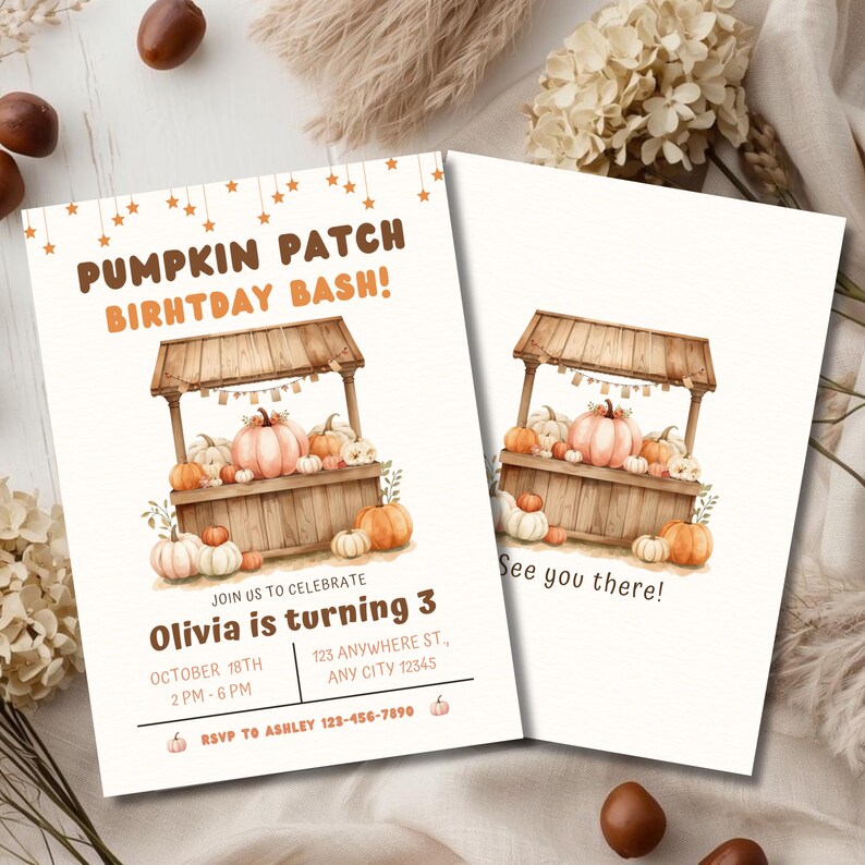 Editable Pumpkin Patch Birthday Invitation for a girl with rustic pumpkins and fall colors, perfect for autumn birthday celebrations.