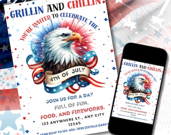 Editable 4th of July Invitation, 4th of July birthday invitation, Barbeque Invite 4th of July Celebration BBQ Invite Editable Canva Template