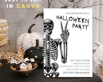Editable Skeleton Halloween Party Invitation, Costumes Invitation, Adult Halloween Party invite, Ghost Party Modern Spooky Halloween Invite