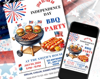 Modèle de toile modifiable d'invitation au barbecue du 4 juillet, d'invitation au gril, d'invitation à un barbecue dans l'arrière-cour, d'invitation à la fête de la fête de l'indépendance pour un barbecue en famille