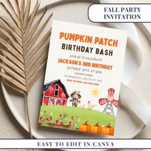 Könnte beinhalten: Eine Einladung zum Herbstfest mit dem Text "Pumpkin Patch Birthday Bash" in Orange und Braun. Die Einladung enthält eine Aquarellillustration einer Scheune, einer Vogelscheuche, Kürbissen und einer Windmühle. Der Text lautet "Jackson's 3rd Birthday" und "Easy to Edit in Canva."