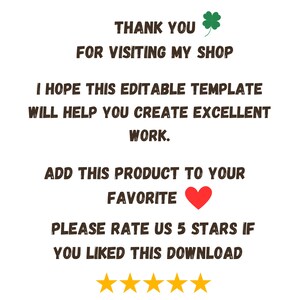 May include: Thank you for visiting my shop. I hope this editable template will help you create excellent work. Add this product to your favourites. Please rate us 5 stars if you liked this download. ★★★★★