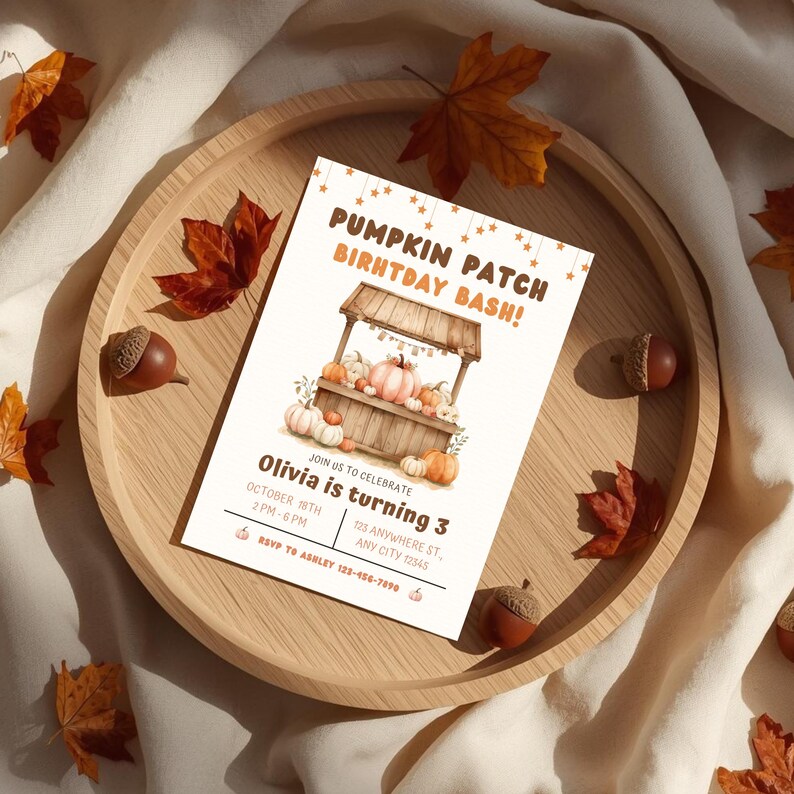 Editable Pumpkin Patch Birthday Invitation for a girl with rustic pumpkins and fall colors, perfect for autumn birthday celebrations.