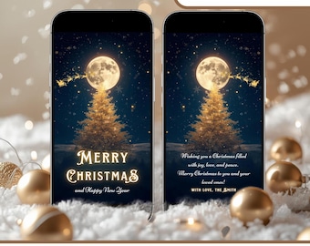 Tarjeta electrónica navideña animada: Tarjeta de felicitación digital de Feliz Navidad. Elegante tarjeta electrónica navideña con árbol de Navidad para teléfono móvil (plantilla editable).