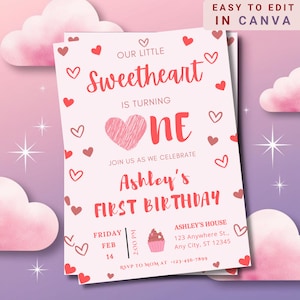 Valentines First Birthday Invitation Our little sweetheart is turning One Birthday Party Invite Sweetheart Party Invite Pink Heart Valentine
