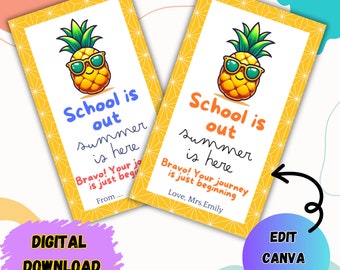 School is out summer is here Tag Thank You Gift Tag Editable Pineapple Favor Tags, Gift Straw Tag teacher appreciation Editable Template Tag