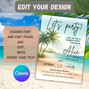 May include: A blue and white beach-themed invitation with palm trees and a turquoise ocean. The text reads "Let's party!" and includes details for a summer party honouring Alice on 20th July at 5:00 PM. The location is Beach Bash Bistro, 111 Ocean Ave, Malibu, CA 12369, USA. The RSVP number is 123-456-7890 (Estelle Darcy).