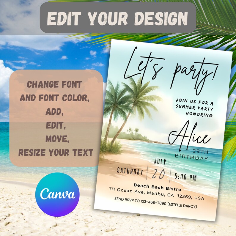 May include: A blue and white beach-themed invitation with palm trees and a turquoise ocean. The text reads "Let's party!" and includes details for a summer party honouring Alice on 20th July at 5:00 PM. The location is Beach Bash Bistro, 111 Ocean Ave, Malibu, CA 12369, USA. The RSVP number is 123-456-7890 (Estelle Darcy).