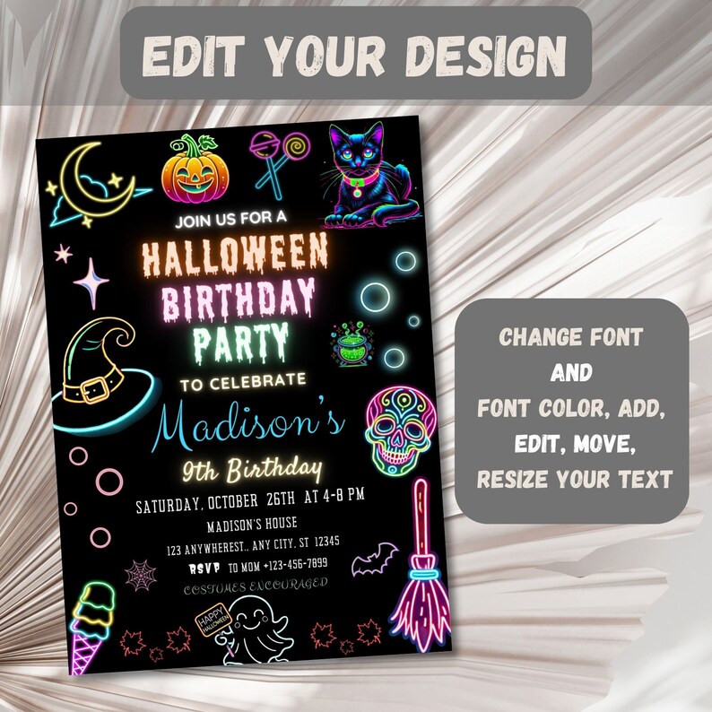 Halloween Birthday Party Invitation Neon Halloween Party Birthday Invitation Spooky Halloween Neon Invite Dark Halloween Party invite Editable Canva Template