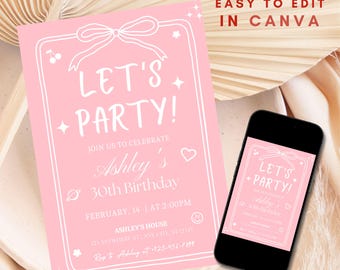 Retro Birthday Invitation Editable Coquette Pink Bow Girl Birthday Invite Pink Coquette Bow Invitation Any Age Birthday Wavy Birthday Party