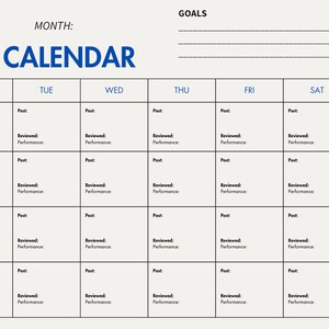 May include: A black and white content calendar template for LinkedIn. The calendar is divided into days of the week, with space for each day to list posts, review performance, and add notes. The calendar also includes sections for top hashtags, trending topics, and event promotion.