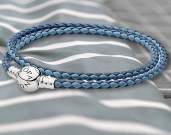 Pulsera con dijes Pandora de plata de ley S925, pulsera de cuero tejido doble mixto, regalo para ella