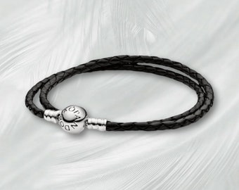 Bracciale con ciondolo Pandora in argento sterling S925, bracciale in pelle intrecciata doppia mista, regalo per lei