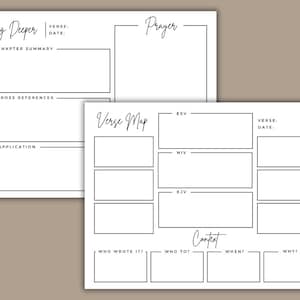 Könnte beinhalten: Zwei weiße, bedruckbare Bibelstudienvorlagen. Eine ist mit "Dig Deeper" beschriftet und enthält Abschnitte für Kapitelzusammenfassung, Querverweise und Anwendung. Die andere ist mit "Verse Map" beschriftet und enthält Abschnitte für ESV, NIV und KJV sowie Kontextfragen.