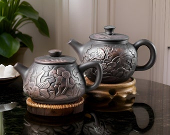 Handmade Tea Pot | Hand Carved Lotus Illustration