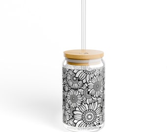 Sunflower Sipper Glass | Black and White Floral Design, Bamboo Lid