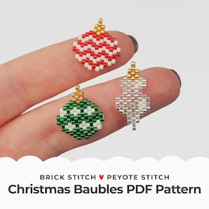May include: Three beaded Christmas baubles in red and white, green and white, and silver and white. The baubles are made with brick stitch and peyote stitch.
