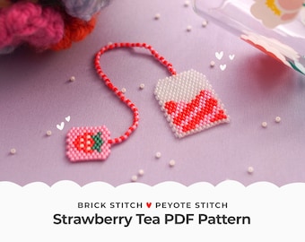 Strawberry Tea Bag Brick Stitch Pattern, Fruit Peyote Earrings Pattern, Peyote Stitch Pattern, Delica Beads Charm, Digital Download