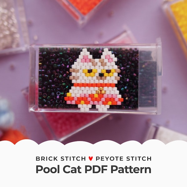 Pool Cat Brick Stitch Pattern, Swimming Kitten Peyote Stitch Charm, Seed Bead Diagram for Jewelry making, Beaded DIY gift for pet parent