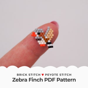 May include: A small, colourful bead sprite of a zebra finch, created using brick stitch and peyote stitch. The finch is grey, white, orange, and brown. The image includes the text "Brick Stitch ♥ Peyote Stitch Zebra Finch PDF Pattern".