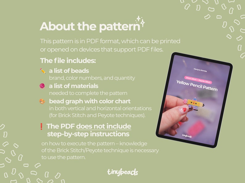 May include: A digital image on a tablet screen showing a beading pattern for a yellow pencil. The text on the screen reads "Yellow Pencil Pattern". The image is accompanied by text describing the contents of the PDF pattern, which includes a list of beads, a list of materials, and a bead graph with a color chart.