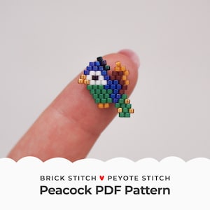 May include: A small beaded peacock in green, blue, brown, white, and gold colors. The peacock is made with brick stitch and peyote stitch beading techniques. The image includes the text "Brick Stitch ♥ Peyote Stitch Peacock PDF Pattern".
