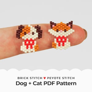 May include: A close-up of a finger wearing two beaded earrings. The earrings are made of colorful beads and depict a dog and a cat wearing red bows. The text "Brick Stitch ♥ Peyote Stitch Dog + Cat PDF Pattern" is below the image.