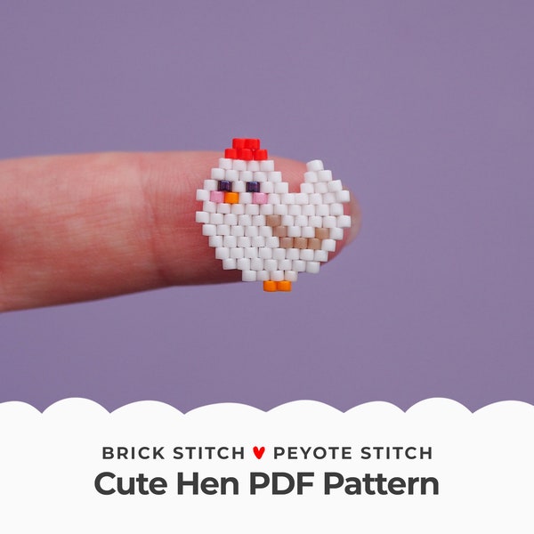 Cute Hen Brick Stitch Pattern, White Chicken Peyote Stitch Earrings, Bird Seed Bead Diagram for Jewelry making, Pendant Jewelry, Digital